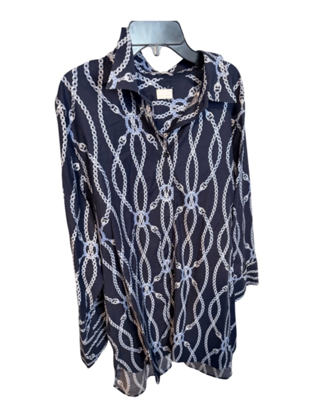 Chico's Navy White Chain-Print Button-Front Shirt